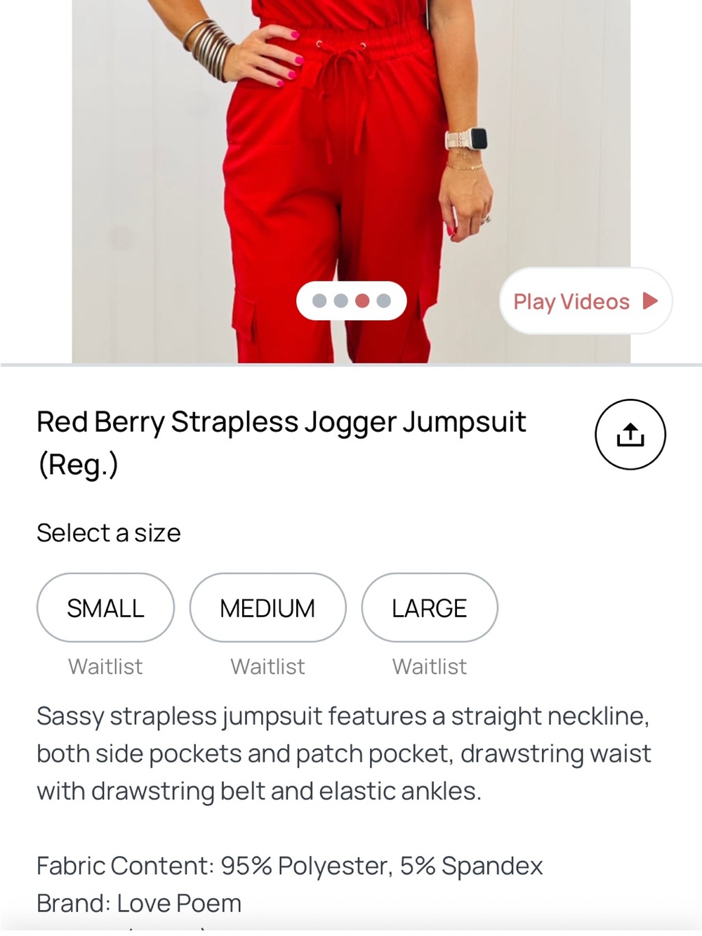 Americana Style Strapless Red Cargo Jumpsuit w/Drawstring Waist New Never Worn